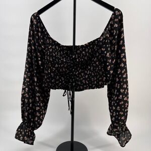 Altar'd State Black Floral Smocked Crop Top Long Sleeve Ruffle Cuff KT5360-1 M